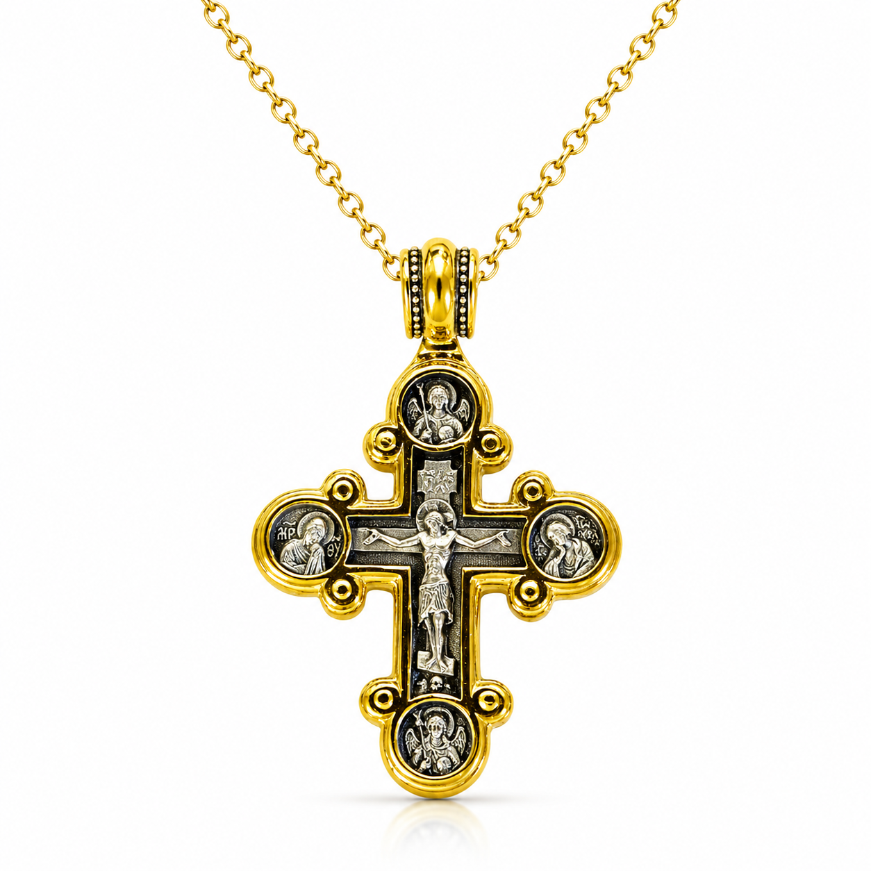 Gold-Plated Sterling Silver Byzantine Cross Necklace – Graduation Gift with Crucifix & Archangels, 20” Chain, Christian Keepsake of Faith & Protection