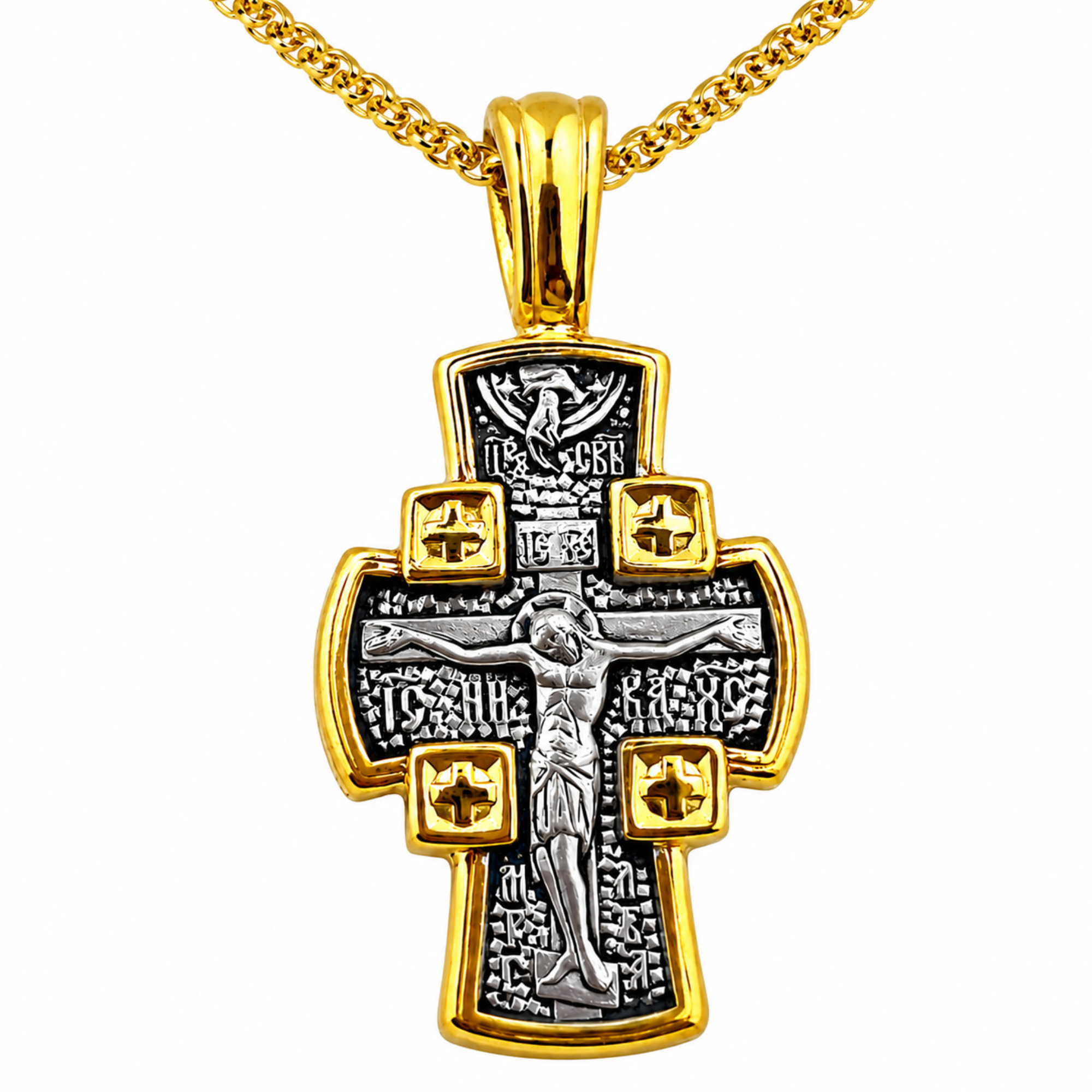 Crucifix Cross Men & Women’s Two-Tone Gold & Silver Finish Pendant Catholic Cross Necklace Pendant - Reversible Guardian Angel on the Back for Protection - Sterling Silver 925, 24Kt Gold Plate 1 1/2"x3/4"