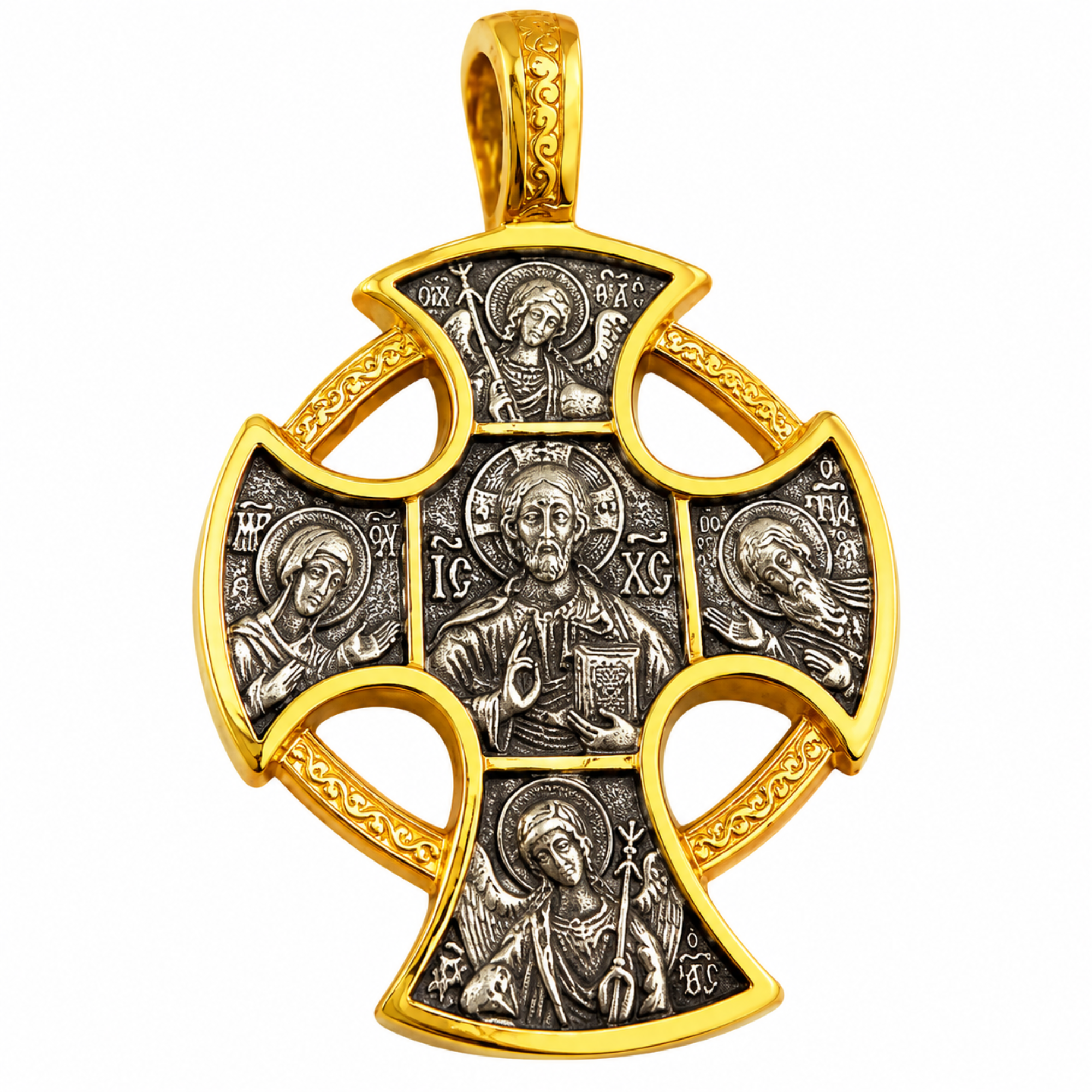 St Michael Saint Gabriel Byzantine Two-Tone Gold & Silver Finish Pendant Catholic Desis Cross Necklace –925 Sterling Silver 24kt Gold Plate Cross 1 3/8 Inch, Reversible