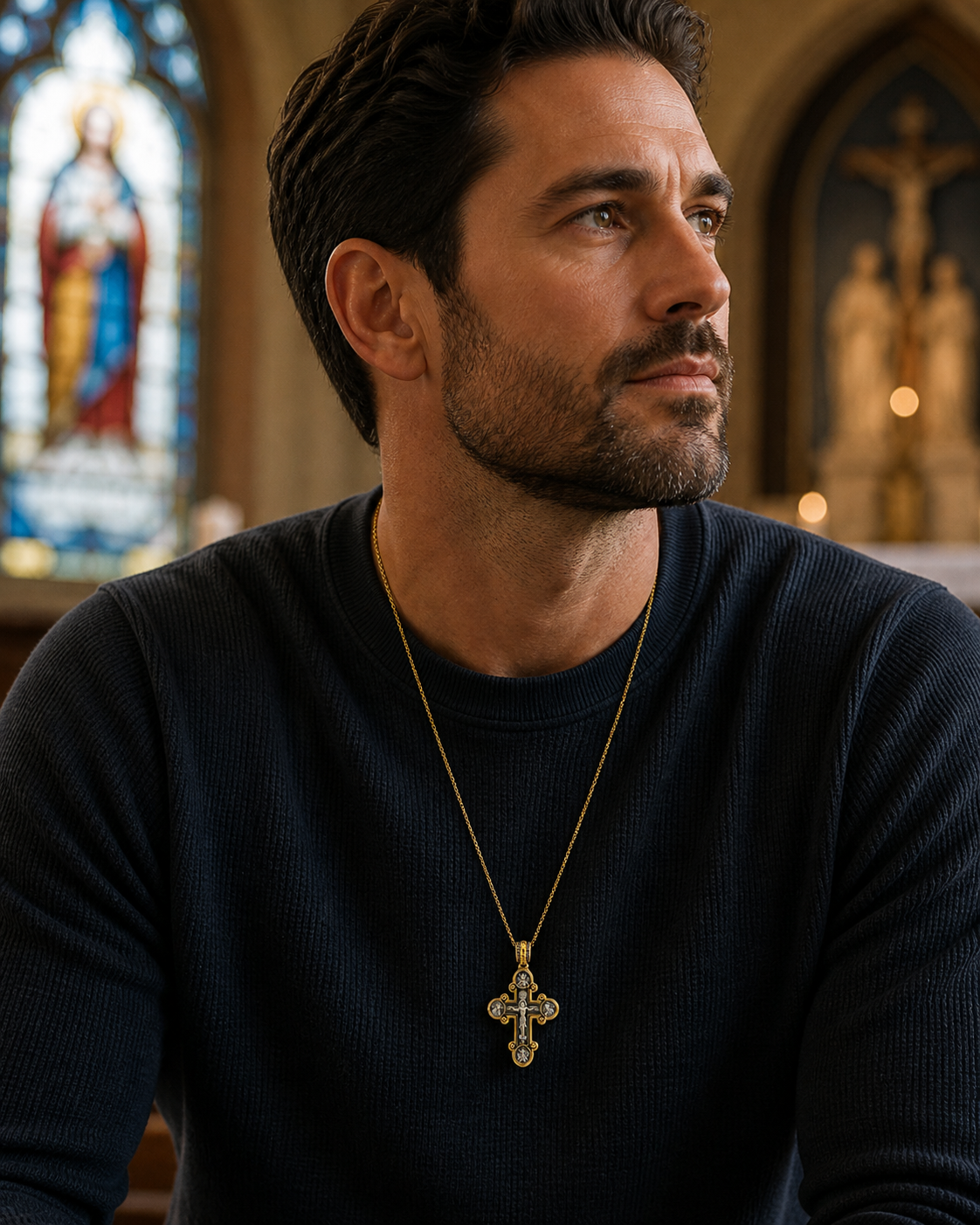 Gold-Plated Sterling Silver Byzantine Cross Necklace – Graduation Gift with Crucifix & Archangels, 20” Chain, Christian Keepsake of Faith & Protection