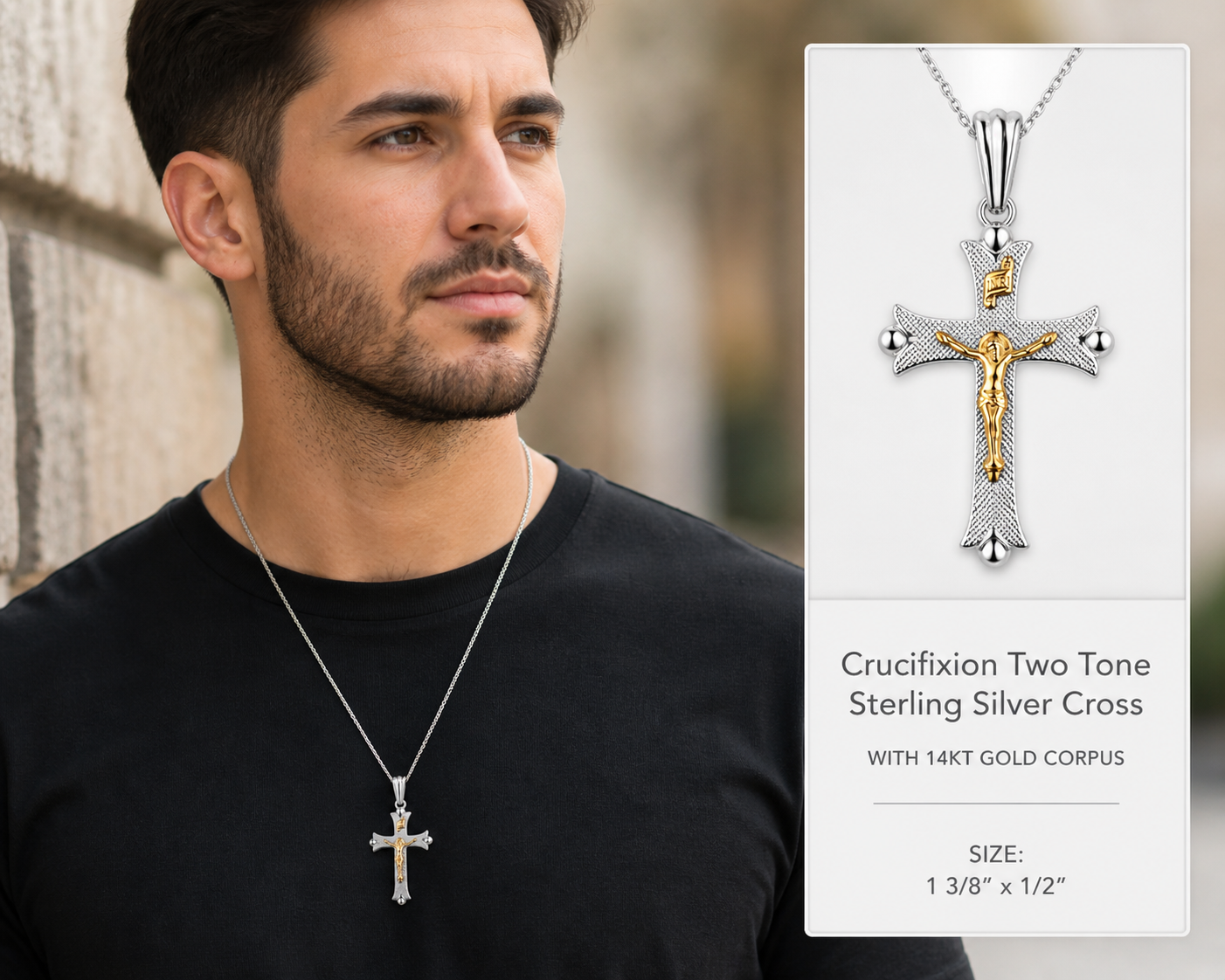 Sterling Silver Two Tone Crucifix Necklace with 14K Gold Corpus – Small Catholic Cross Pendant for Men – 1 3/8” x 1/2” – Classic Faith Jewelry Gift