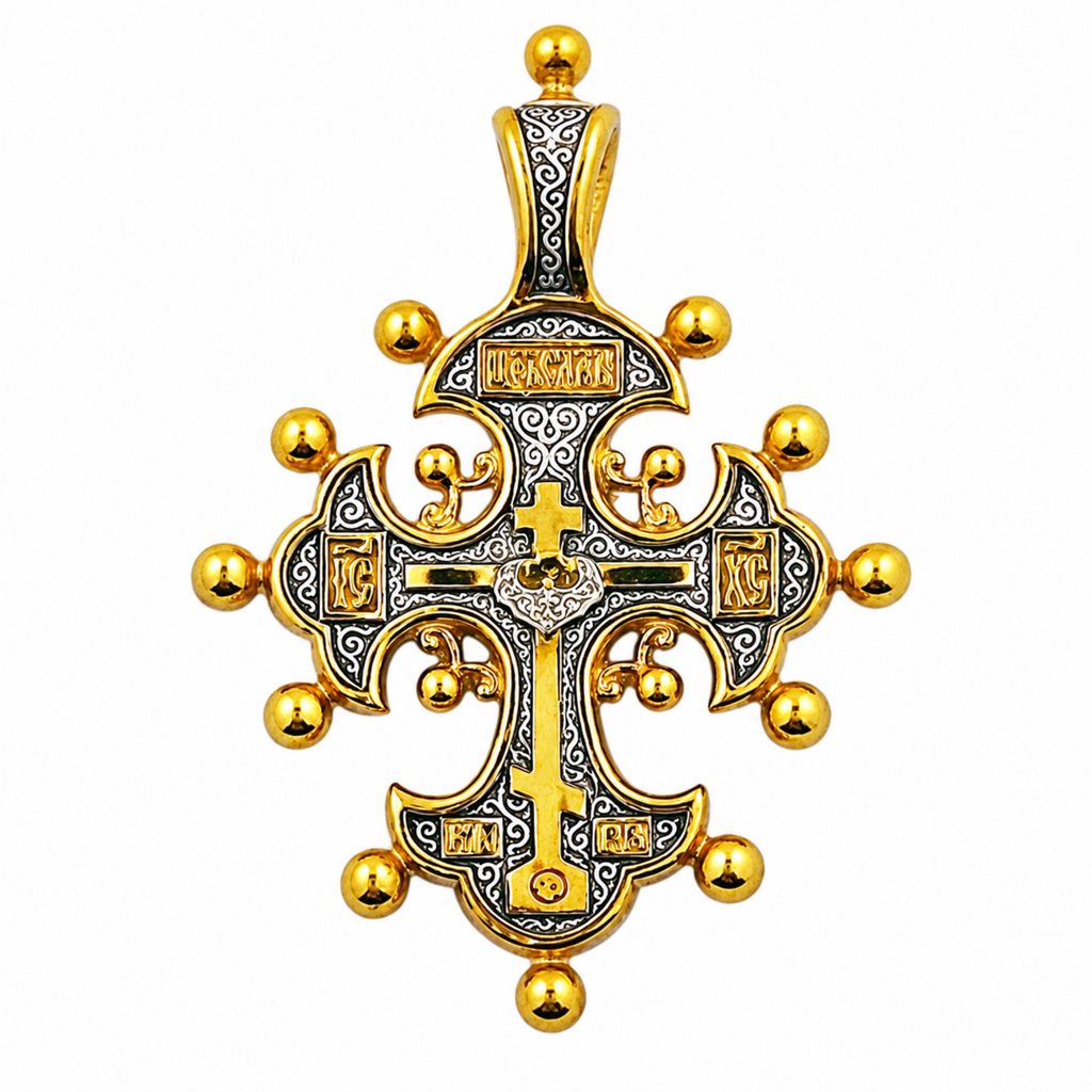 Old Believers Cross Pendant .925 Sterling Silver Gold Plate 24 KT, 1 1/2 Inch & 24kt Gold Plated 18 Inch Necklace