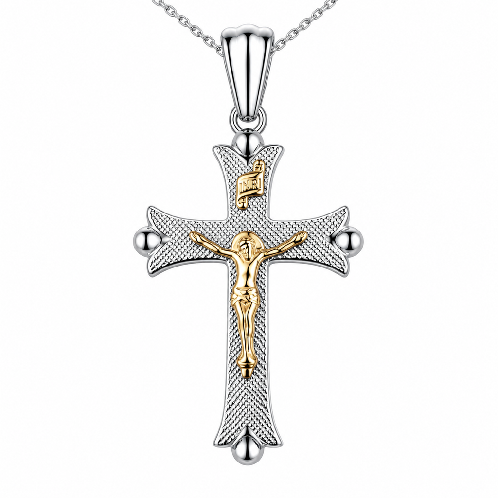 Sterling Silver Two Tone Crucifix Necklace with 14K Gold Corpus – Small Catholic Cross Pendant for Men – 1 3/8” x 1/2” – Classic Faith Jewelry Gift