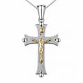 Sterling Silver Two Tone Crucifix Necklace with 14K Gold Corpus – Small Catholic Cross Pendant for Men – 1 3/8” x 1/2” – Classic Faith Jewelry Gift