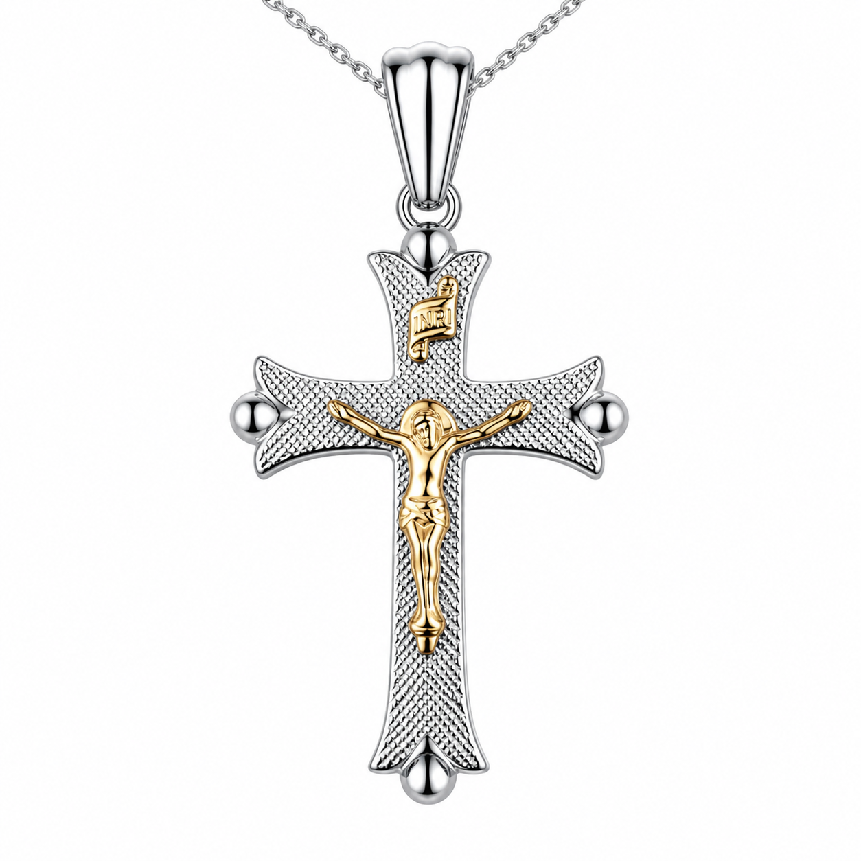 Sterling Silver Two Tone Crucifix Necklace with 14K Gold Corpus – Small Catholic Cross Pendant for Men – 1 3/8” x 1/2” – Classic Faith Jewelry Gift
