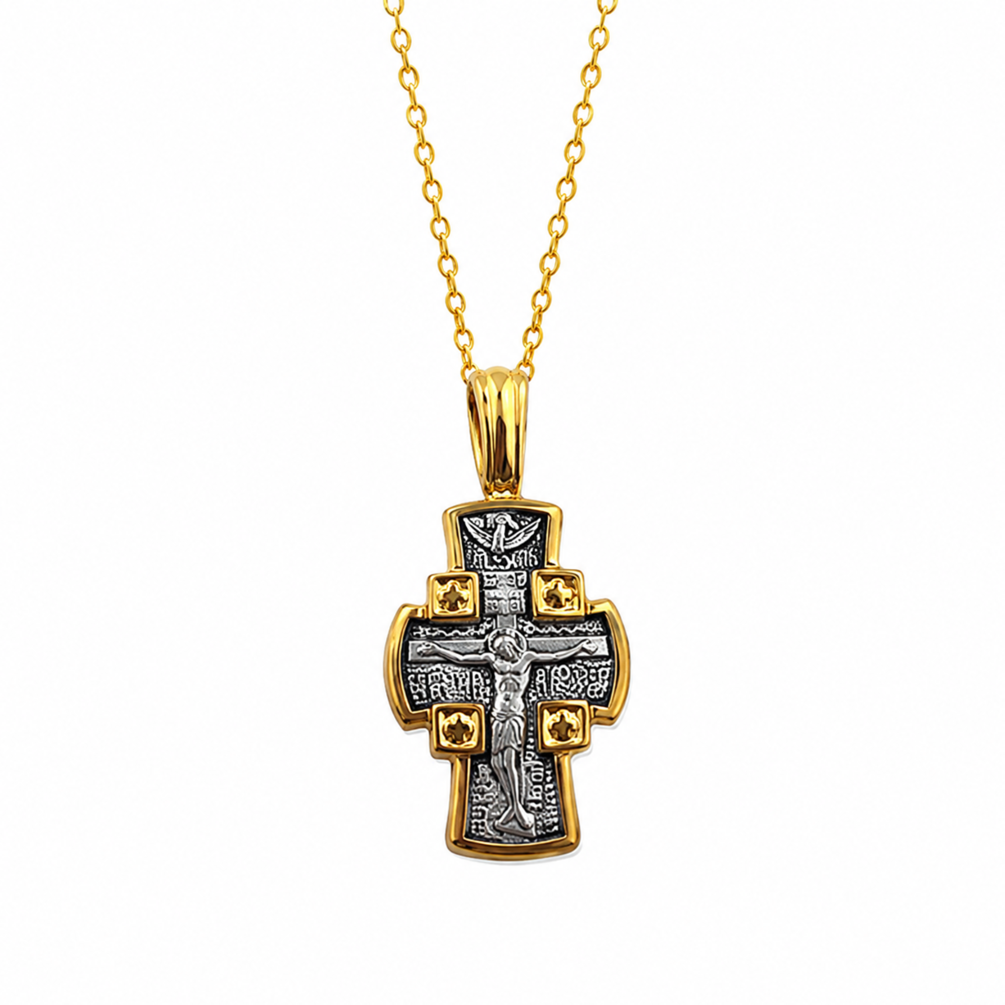 Crucifix Cross Men & Women’s Two-Tone Gold & Silver Finish Pendant Catholic Cross Necklace Pendant - Reversible Guardian Angel on the Back for Protection - Sterling Silver 925, 24Kt Gold Plate 1 1/2"x3/4"