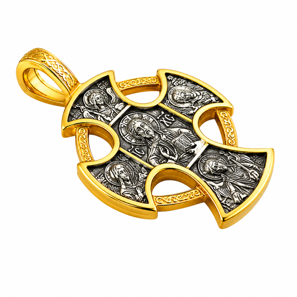 St Michael Saint Gabriel Byzantine Two-Tone Gold & Silver Finish Pendant Catholic Desis Cross Necklace –925 Sterling Silver 24kt Gold Plate Cross 1 3/8 Inch, Reversible