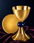 Chalice and Paten Set – Gold-Plated Brass with Enamel Artwork – 8" H, 12 oz – Ideal for Marian Mass, Weddings, Baptisms