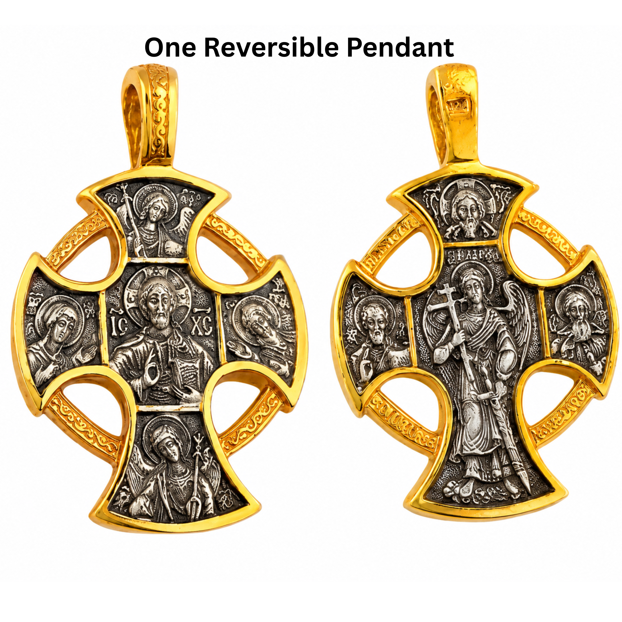 St Michael Saint Gabriel Byzantine Two-Tone Gold & Silver Finish Pendant Catholic Desis Cross Necklace –925 Sterling Silver 24kt Gold Plate Cross 1 3/8 Inch, Reversible