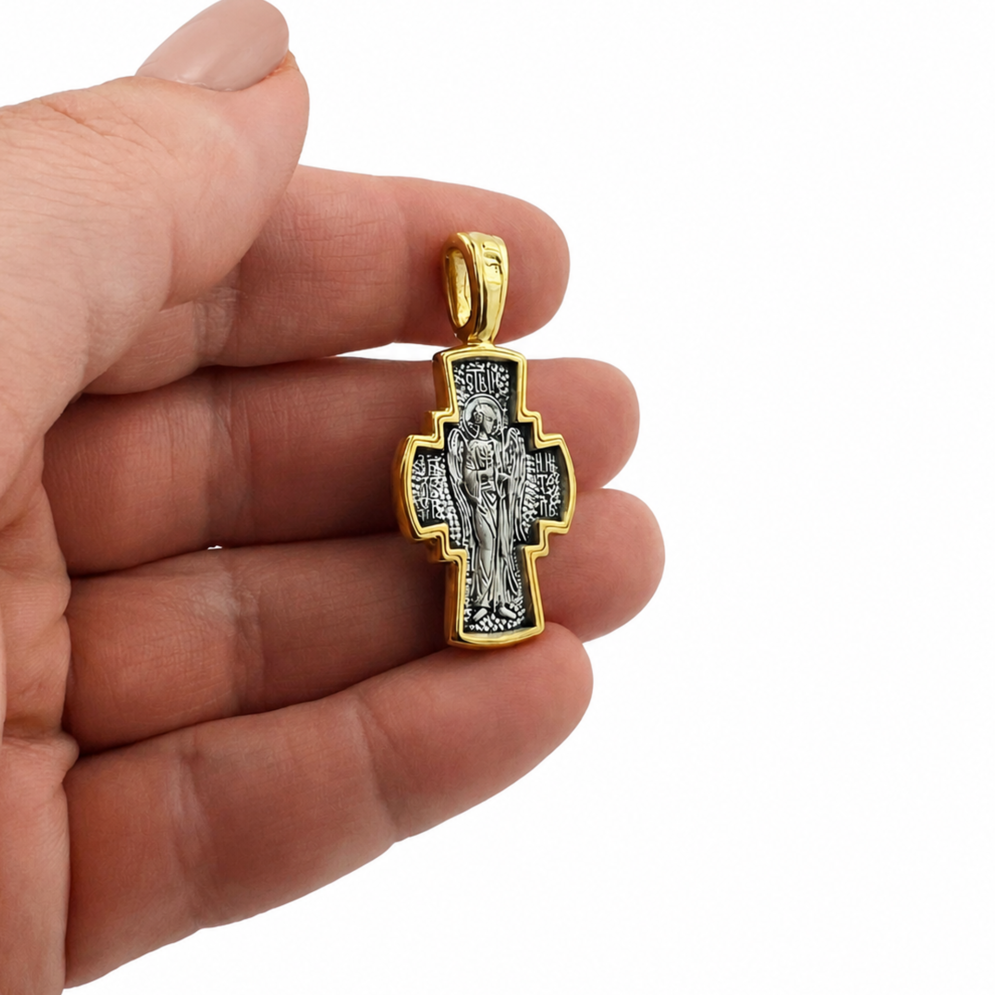 Crucifix Cross Men & Women’s Two-Tone Gold & Silver Finish Pendant Catholic Cross Necklace Pendant - Reversible Guardian Angel on the Back for Protection - Sterling Silver 925, 24Kt Gold Plate 1 1/2"x3/4"