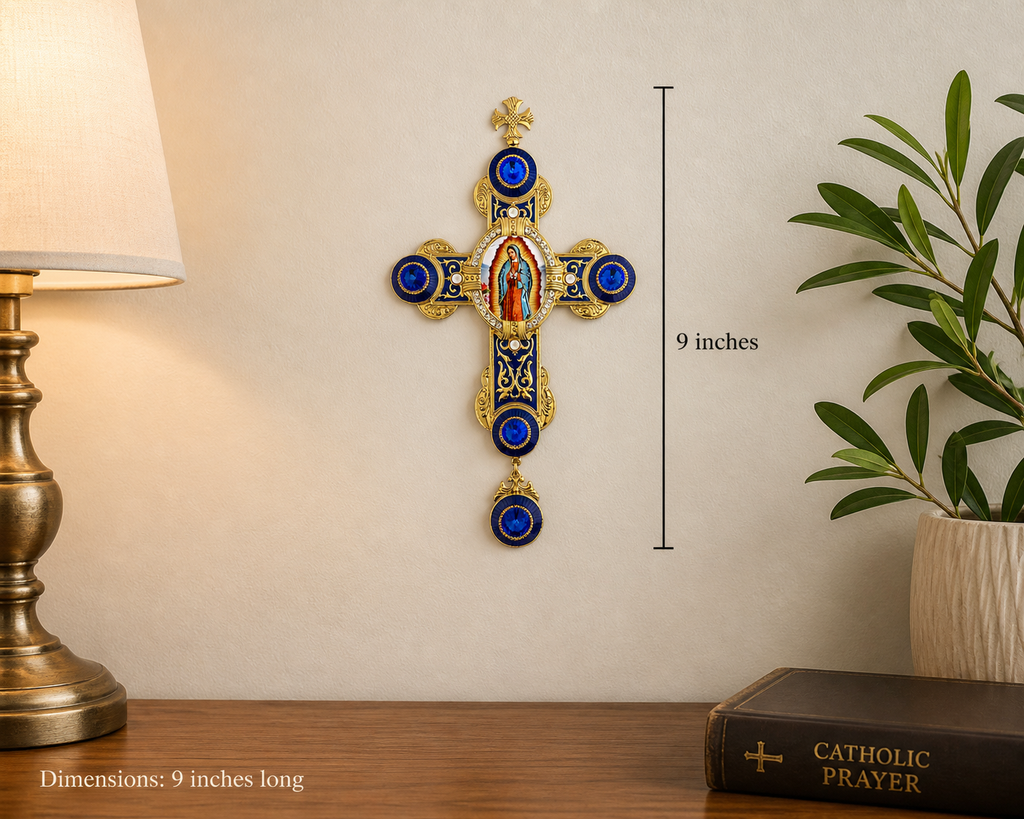 Our Lady of Guadalupe Wall Cross with Chain – 9” Byzantine Style Greek Icon Cross – Gold Foil Icon on Canvas, Blue Enamel & Crystal Accents – Catholic Home Décor Gift (Gift Boxed)