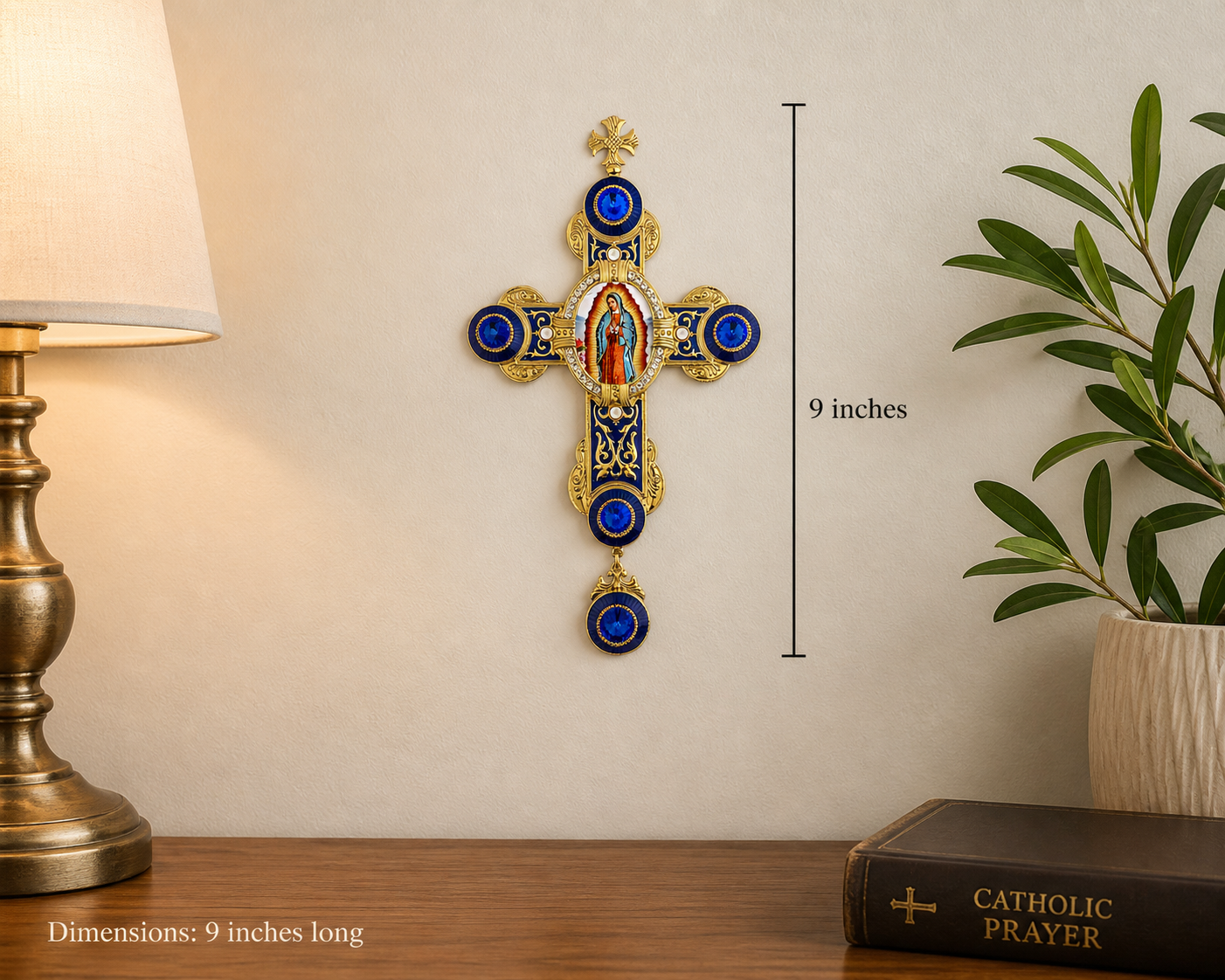 Our Lady of Guadalupe Wall Cross with Chain – 9” Byzantine Style Greek Icon Cross – Gold Foil Icon on Canvas, Blue Enamel & Crystal Accents – Catholic Home Décor Gift (Gift Boxed)