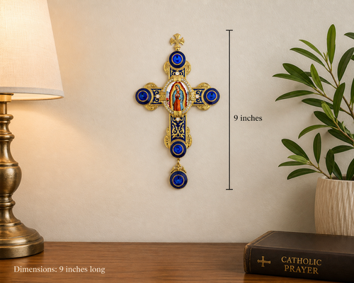 Our Lady of Guadalupe Wall Cross with Chain – 9” Byzantine Style Greek Icon Cross – Gold Foil Icon on Canvas, Blue Enamel & Crystal Accents – Catholic Home Décor Gift (Gift Boxed)