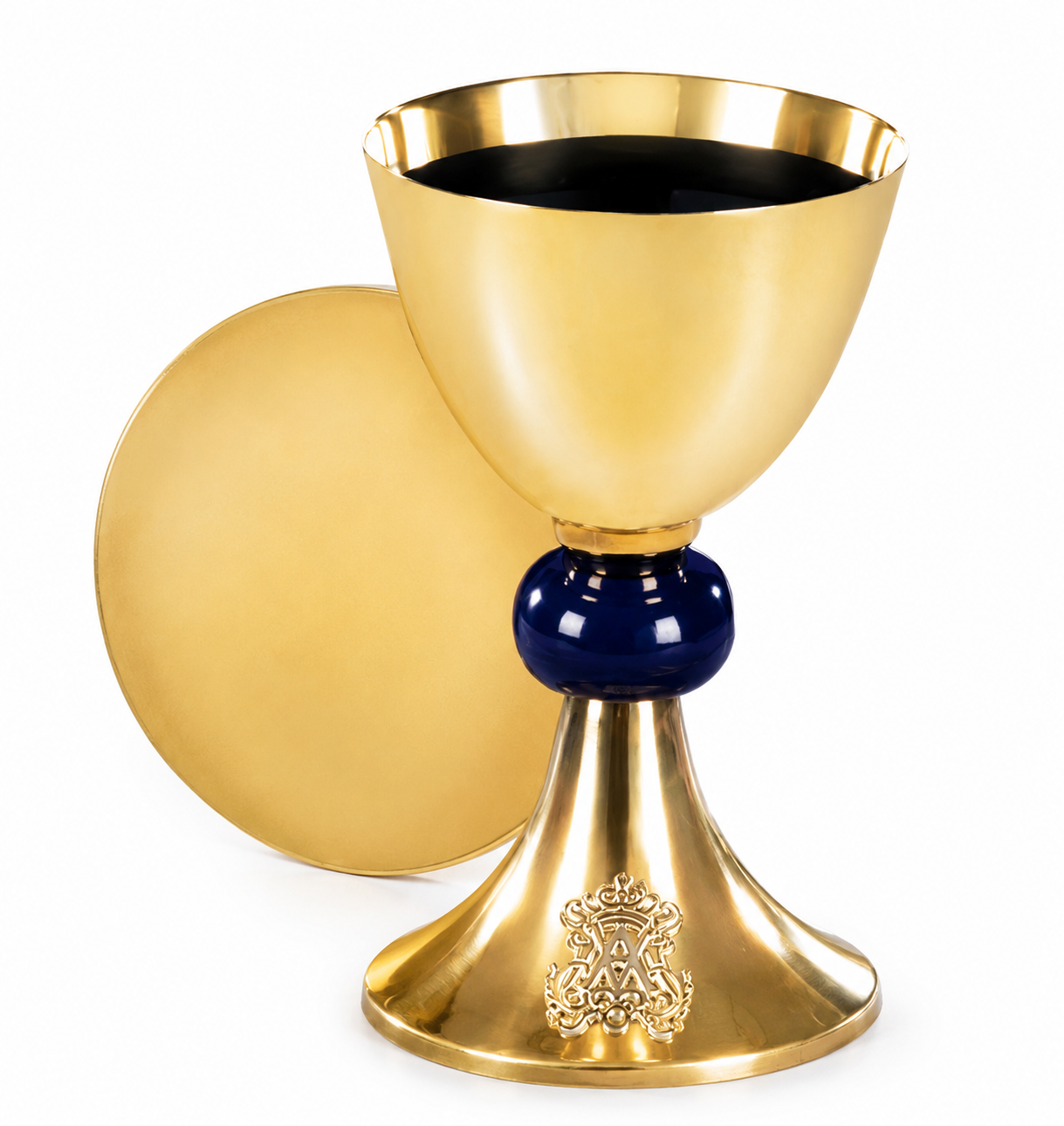 Chalice and Paten Set – Gold-Plated Brass with Enamel Artwork – 8" H, 12 oz – Ideal for Marian Mass, Weddings, Baptisms