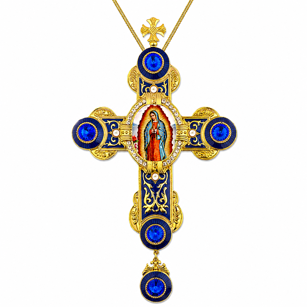 Our Lady of Guadalupe Wall Cross with Chain – 9” Byzantine Style Greek Icon Cross – Gold Foil Icon on Canvas, Blue Enamel & Crystal Accents – Catholic Home Décor Gift (Gift Boxed)