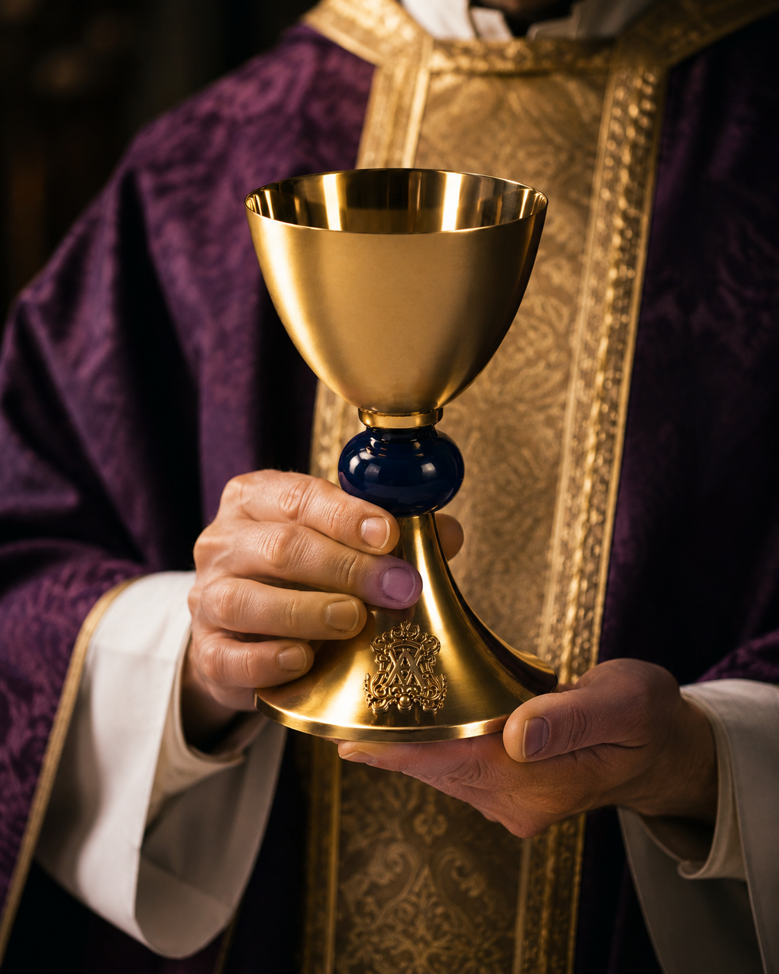 Chalice and Paten Set – Gold-Plated Brass with Enamel Artwork – 8" H, 12 oz – Ideal for Marian Mass, Weddings, Baptisms