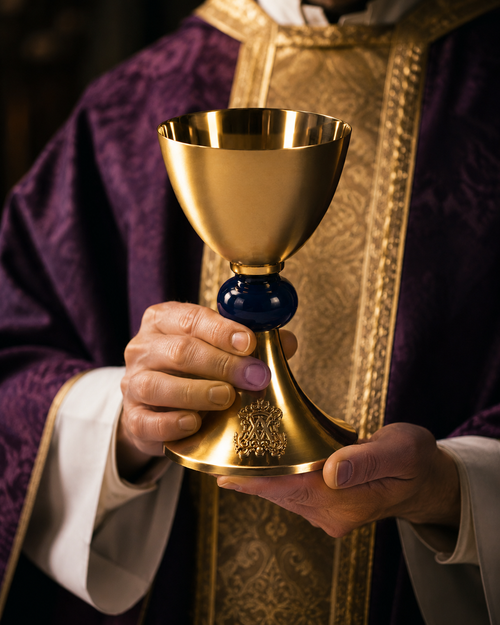 Chalice and Paten Set – Gold-Plated Brass with Enamel Artwork – 8" H, 12 oz – Ideal for Marian Mass, Weddings, Baptisms