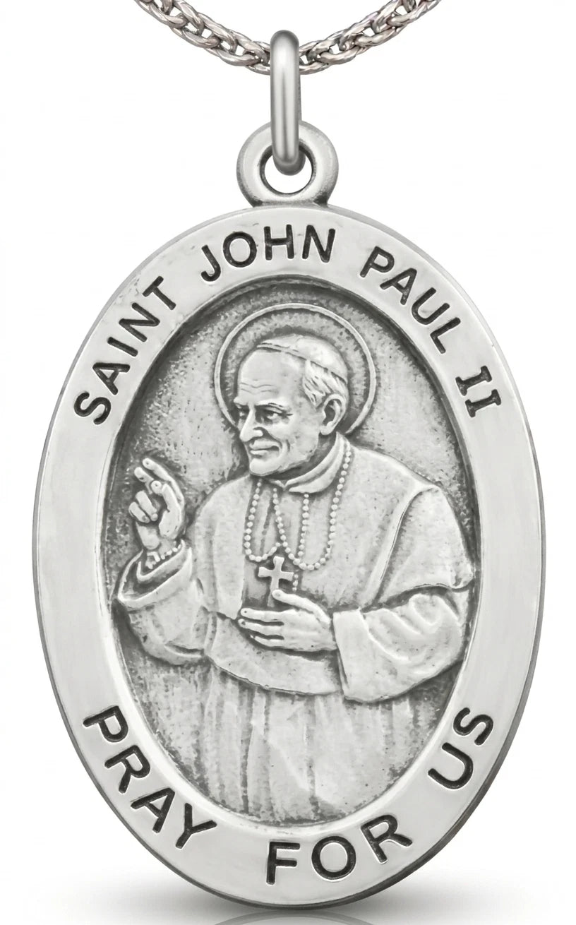St John Paul II Steling Silver Medal on a Chain Catholic Saint Medallion Handmade in USA Gift Boxed