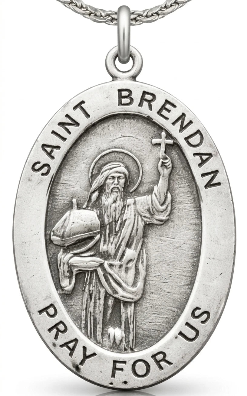 Sterling Silver Saint Brendan 20" Medal on an Chain Handmade in USA Gift Boxed